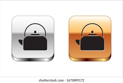 Black Kettle with handle icon isolated on white background. Teapot icon. Silver-gold square button. Vector Illustration
