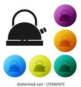 Neto negro con icono de mango aislado en fondo blanco. Icono de la tetera. Establezca los iconos en los botones de círculo de color. Vector