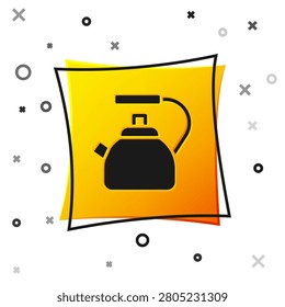 Black Kettle with handle icon isolated on white background. Teapot icon. Yellow square button. Vector