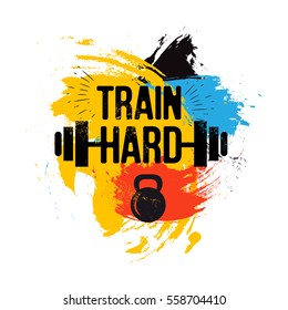 black kettlebell and barbell on colorful brush background with inspirational phrase - train hard. Fitness sport quote. Vector illustration for bodybuilding club, t-shirt, poster