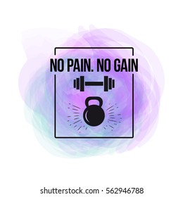 black kettlebell and barbell typographical poster. watercolor with motivation text - no pain. no gain. Fitness quote. Vector illustration.