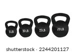 Black kettlebell clipart. Vector set illustration of black kettlebells with mass labels 5lb, 10lb, 15lb, and 20lb. Simple kettlebell cartoon watercolor style vector design isolated on white background