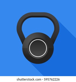 Black kettlebell on a blue background.