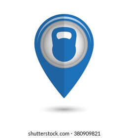 Black kettlebell - vector icon;  blue map pointer