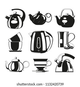 Black kettles. Vector silhouettes of various teapots. Illustration of drink tea, morning teatime, teacup dishware