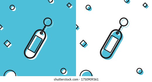 Black Key chain icon isolated on blue and white background. Blank rectangular keychain with ring and chain for key. Random dynamic shapes. Vector Illustration