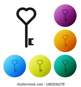Black Key in heart shape icon isolated on white background. Set icons colorful circle buttons. Vector Illustration