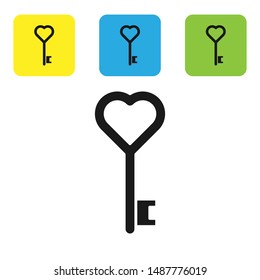 Black Key in heart shape icon isolated on white background. Set icons colorful square buttons. Vector Illustration