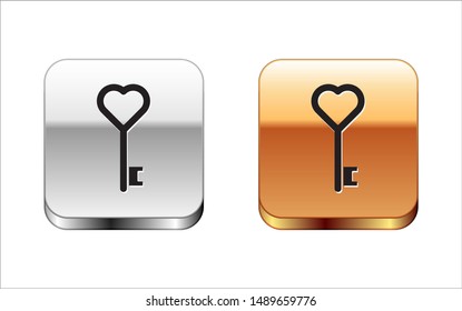 Black Key in heart shape icon isolated on white background. Silver-gold square button. Vector Illustration
