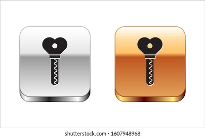Black Key in heart shape icon isolated on white background. Valentines day. Silver-gold square button. Vector Illustration