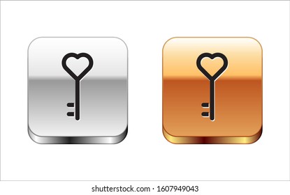Black Key in heart shape icon isolated on white background. Valentines day. Silver-gold square button. Vector Illustration