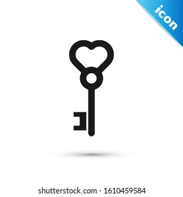 Black Key in heart shape icon isolated on white background. Valentines day.  Vector Illustration