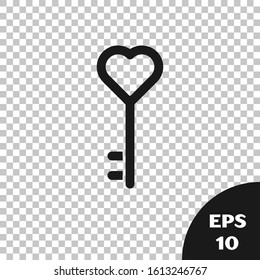 Black Key in heart shape icon isolated on transparent background. Valentines day.  Vector Illustration