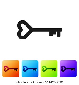Black Key in heart shape icon isolated on white background. Valentines day symbol. Set icons in color square buttons. Vector Illustration