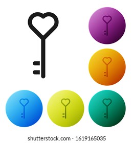 Black Key in heart shape icon isolated on white background. Valentines day. Set icons colorful circle buttons. Vector Illustration