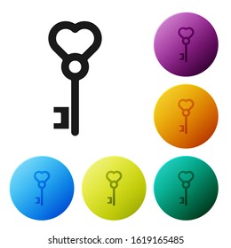 Black Key in heart shape icon isolated on white background. Valentines day. Set icons colorful circle buttons. Vector Illustration