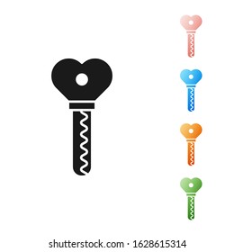 Black Key in heart shape icon isolated on white background. Valentines day. Set icons colorful. Vector Illustration