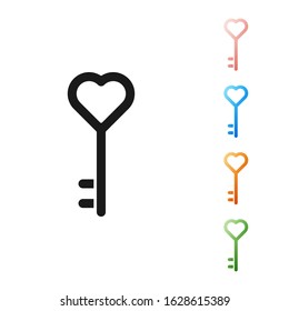 Black Key in heart shape icon isolated on white background. Valentines day. Set icons colorful. Vector Illustration