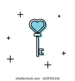 Black Key in heart shape icon isolated on white background.  Vector Illustration