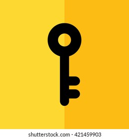 Black key icon vector illustration. Yellow background