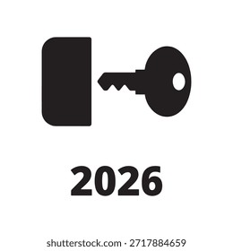 uma chave preta e um símbolo de cadeado preto posicionados lado a lado. Abaixo desses símbolos, o ano de '2026' é exibido com destaque em negrito e fonte preta. Tal poderá representar uma data futura ou um evento previsto para o ano de 2026.