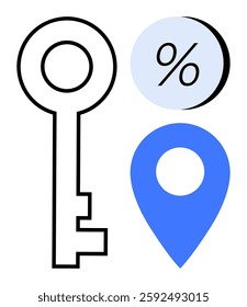 Black key next to percentage symbol within circle and blue location pin. Ideal for security, finance, navigation, real estate, discounts, travel, and mapping services. Line metaphor