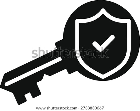 A black key with a shield and checkmark, on a pure white background, representing secure access and verified protection in a simple, iconic design