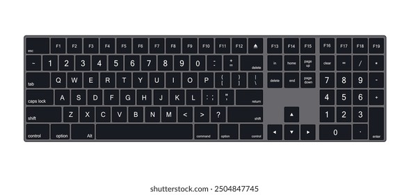 black keyboard with all signs and letters, vector