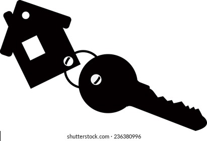 Black keychain house with key. Isolated on white background. Vector illustration