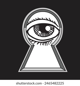 Black Keyhole with eye isolated on black background. The eye looks into the keyhole. Keyhole eye hole. Vector Illustration

