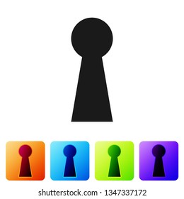 Black Keyhole icon on white background. Key of success solution. Keyhole express the concept of riddle, secret, peeping, safety, security. Set icon in color square buttons. Vector Illustration