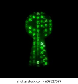 Black keyhole shape with matrix symbols. Computer security concept illustration.