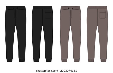 Black and Khaki color Basic Sweat pant technical fashion flat sketch template front, back views. Apparel Fleece Cotton jogger pants vector illustration drawing mock up for men's and boys.