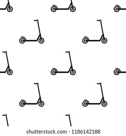 Black kick scooter or balance bike seamless background. Flat bike ornament on white. Vector illustration. Eco transport wallpaper.  Black and white print. Healthy journey