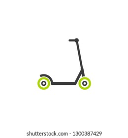 Black kick scooter or balance bike with green wheels icon. Flat push scooter isolated on white. Vector illustration. Eco transport symbol. Healthy journey. Ecology. Go green. Hipster. 