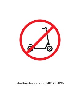 Black kick scooter or balance bike in red crossed circle icon. No push scooter s sign isolated on white. Vector illustration. Forbidden,  unallowed transport symbol. 