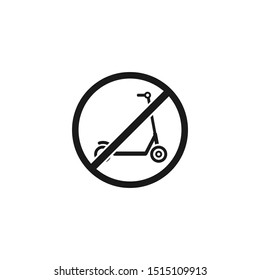 Black kick scooter or balance bike in crossed circle icon. No push scooter s sign isolated on white. Vector illustration. Forbidden,  unallowed transport symbol. 