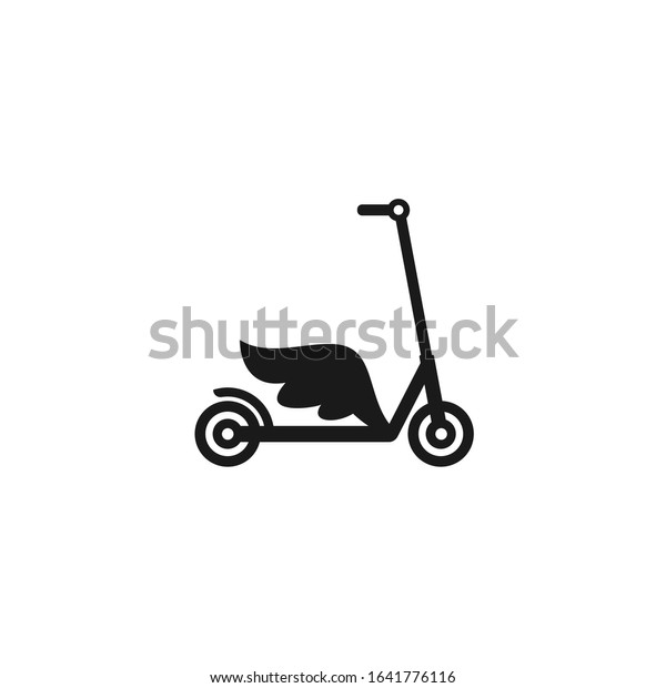 Black kick\
scooter or balance bike with wing icon. Flat push scooter isolated\
on white. Vector illustration. Fast delivery symbol. Healthy\
journey. Ecology. Go green. Hipster.\
