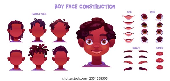 Black kid boy character face avatar construction vector cartoon set for animation. Hair, eye, mouth and nose of young african child head kit. Create toddler portrait with smile and hairstyle