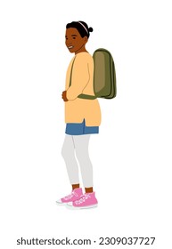 Black Kid girl walking to school with backpack side view. African american Child vector illustration isolated on white background