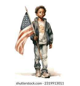 black kid hold american flag on fourth of july watercolor illustration