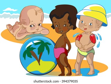 black kid playing on a sea beach with 
their little friends