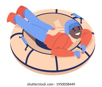 Black Kid In Snow Tubing Smiling And Riding Isolated On White. Vector Character Good For Winter Activities