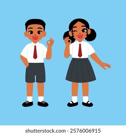 Black Kids Boy and Girl Student in School Uniform Ok Hand illustration