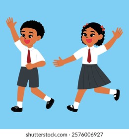 Black Kids Boy and Girl Student in School Uniform Pointing Running illustration