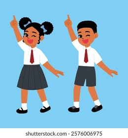 Black Kids Boy and Girl Student in School Uniform Pointing Fingers Up illustration