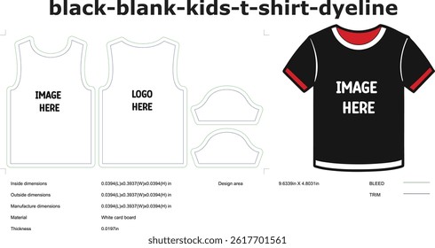 Black kids tshirt dyeline template with bleed and trim lines