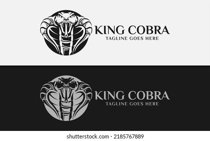 Black King Cobra Logo Design with Circle Frame Combination. Usable For Business Brand, Sport, Team, Mascot, Game Company.