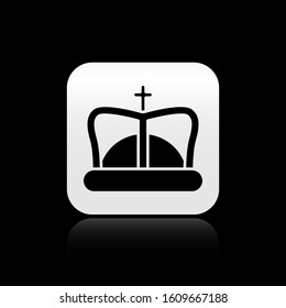 Black King crown icon isolated on black background. Silver square button. Vector Illustration