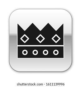 Black King crown icon isolated on white background. Silver square button. Vector Illustration